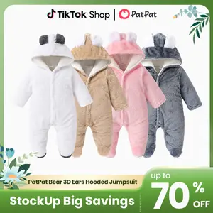 PatPat Baby Boy/Girl Bear Style 3D Ears Hooded Solid Plush Footed Jumpsuit: Soft & Cute for Winter, All-day Snuggle, Keeping Warm & Stylish