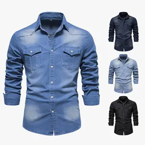 Men's Denim Shirt Long Sleeve Slim Fit Jean Shirt for Men Button Down Causal Striped Denim Shirts