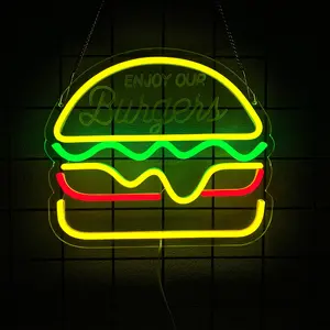 Hamburger Neon USB Wall Decor Light, 3D LED Lamp for Restaurant Bedroom Cafe Kids Room, Easy to Hang Decoration
