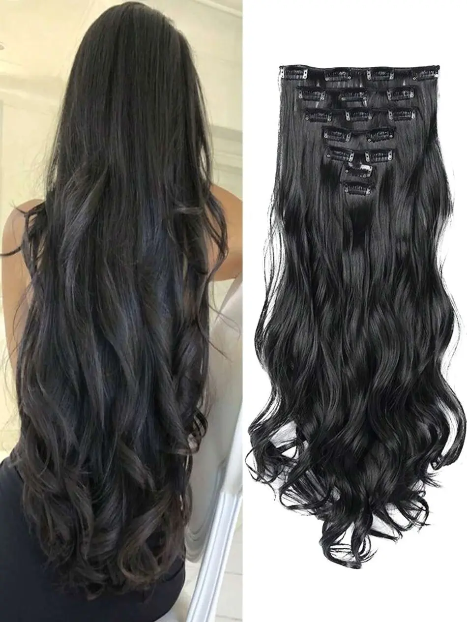 18–30 Inch Clip-In Curly Hair Extensions for Women – 7pcs Synthetic Long Black Hair with 16 Clips, Natural Daily Use