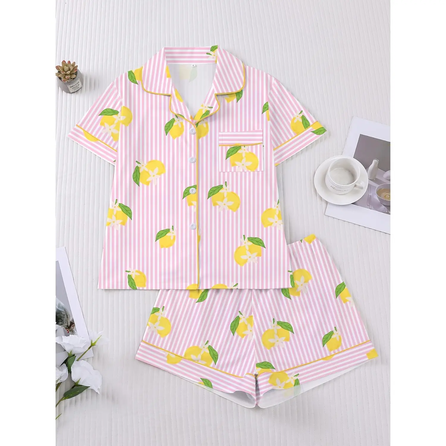 2-Piece Pink and White Vertical Stripe Lemon Print Women's Pajama Set, Comfortable Short Sleeve Collared Button-Up Shirt with Loose Elastic Waist Shorts, Stylish Daily Wear, Ideal for Sleepwear, Holidays, and Parties