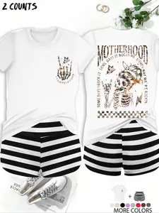 Y2K School Cool Rebel Set, Womenswear, Oversized Short Sleeve with Skull Slogan, High Waist Shorts, Casual Spring & Fall