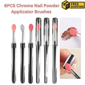 6PCS Chrome Nail Powder Applicator Brushes – Reusable Silicone Head Nail Art Tools with Covers, Glitter Pigment Pen Brush for Nails, Eyeshadow & Lip Makeup Application