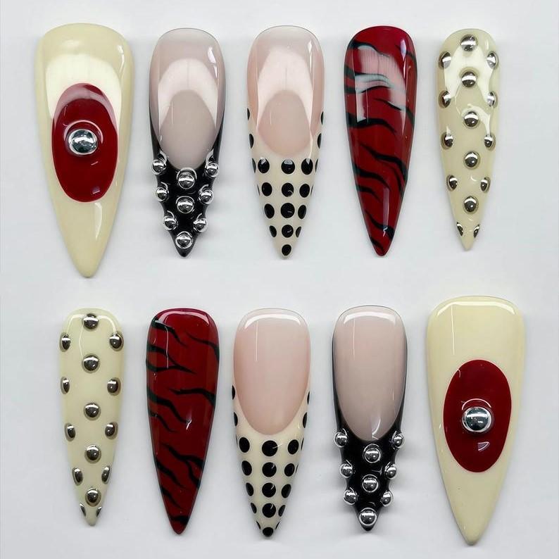 [FLASH SALE 50%] Punk Rock Press On Nails Red Black Stiletto Nails With Dot 3D Studded Punk Rock Nail Art French Tip Nails Y2K Nails Gothic Nails