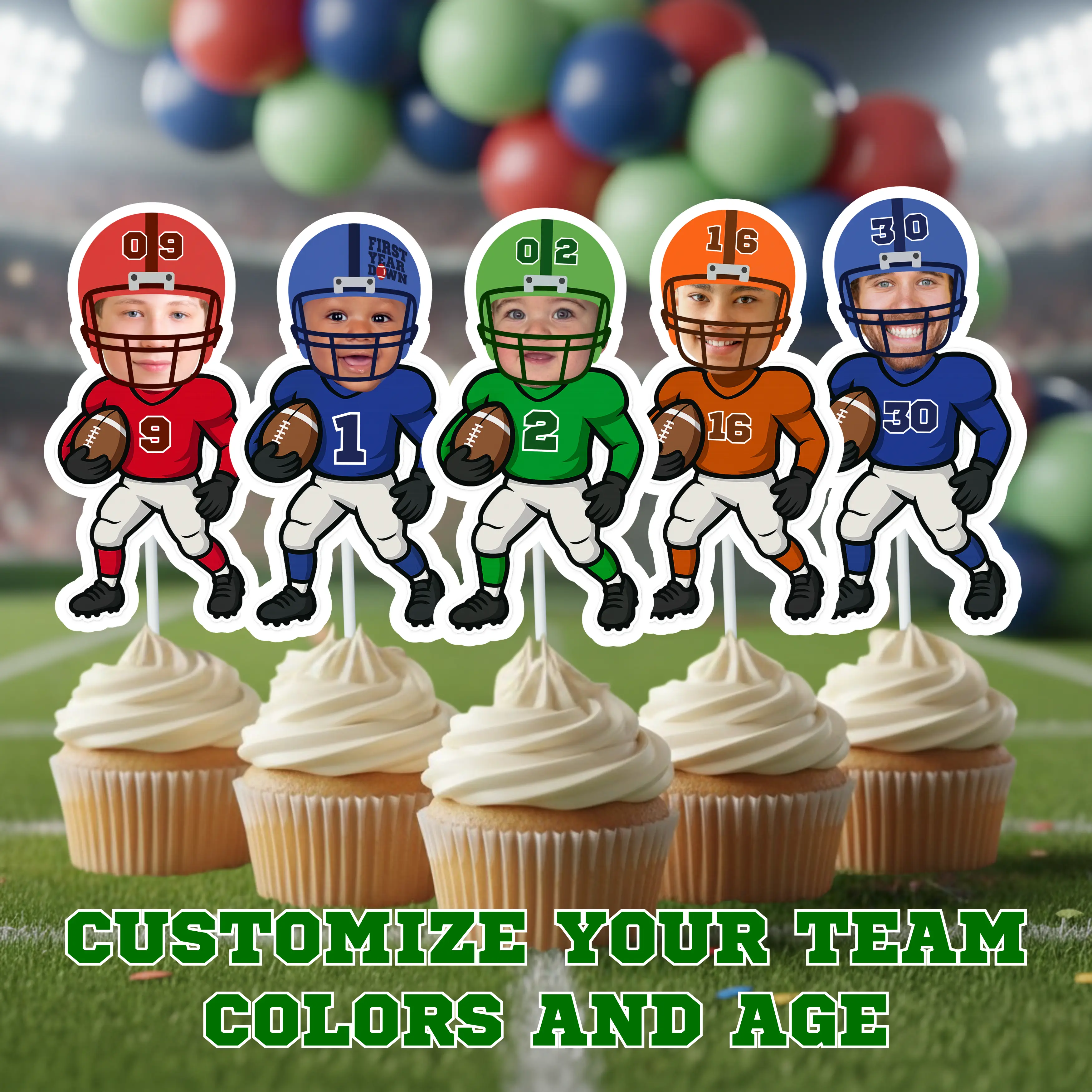 Football Player Face Cupcake Toppers – Personalized Team Color Birthday Decor