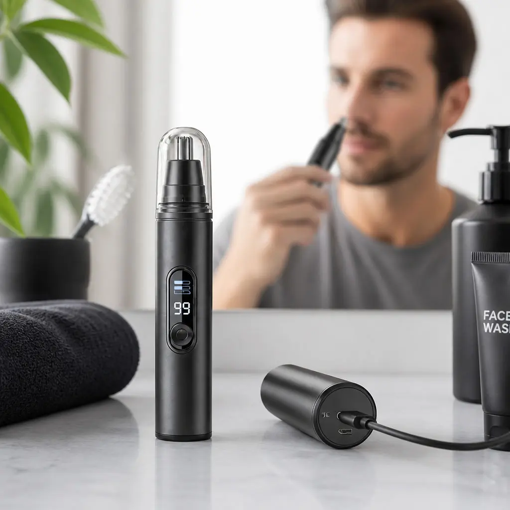 Cordless Nose and Ear Hair Trimmer for Men, USB Rechargeable Trimmer with Ultra-Quiet Painless Stainless Steel Blade, 2-in-1 Waterproof Grooming Kit with LED Display, USB-C Charging Cable Included, Cordless Nose Trimmer Wireless Charging Trimmer