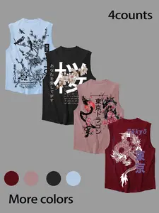 4-Pack Japanese Vintage Graphic Muscle Tank Top – Streetwear Dragon & Cherry Blossom Print, Unisex Loose-Fit Summer Gym Shirt, Sleeveless Gym Tops