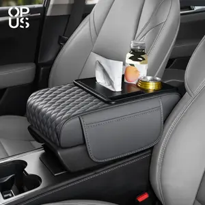 OPUSPORT｜-New 5-in-1 Car Arm Rest Cover, Multifunctional Embossed PU Leather Car Center Console Cover with Cup Holder/Phone Holder/Pocket/Tissue Holder, Height Enhancement Car Armrest Cushion for Ford Chevrolet Tesla Dodge Chrysler Most Cars