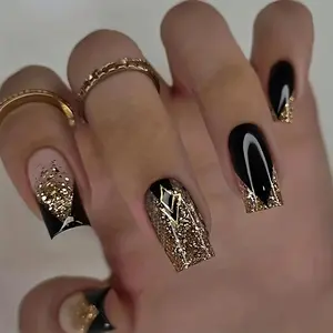 24pcs Long Square European Style Press-on Nails with Black Glitter for Geometric Rhombus Fake Nails Manic