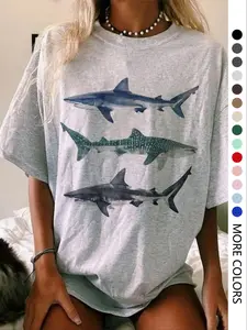 Women's Shark Print T-Shirt, Summer Casual Loose Fit Cute Animal Half Sleeve Round Neck Top, Ladies Daily Wear, 90s Clothing Style, Fashion