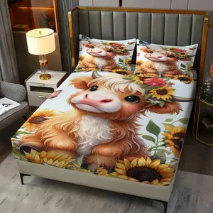 3pcs Grassland Animal Bedding Set, Cute Highland Cow Pattern Fitted Sheet Set, Butterfly Flower Design, Suitable for Girls' or Children's Bedroom Bed Decoration, Soft and Comfortable, Including 1 Fitted Sheet and 2 Pillowcases