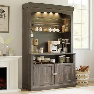 Coffee Bar Cabinet with LED Lights 72 in Tall Buffet Cabinet with Storage Farmhouse Kitchen Sideboard Tall Coffee Hutch with Microwave Stand/Wine Rack/Glass Shelf Dining Room