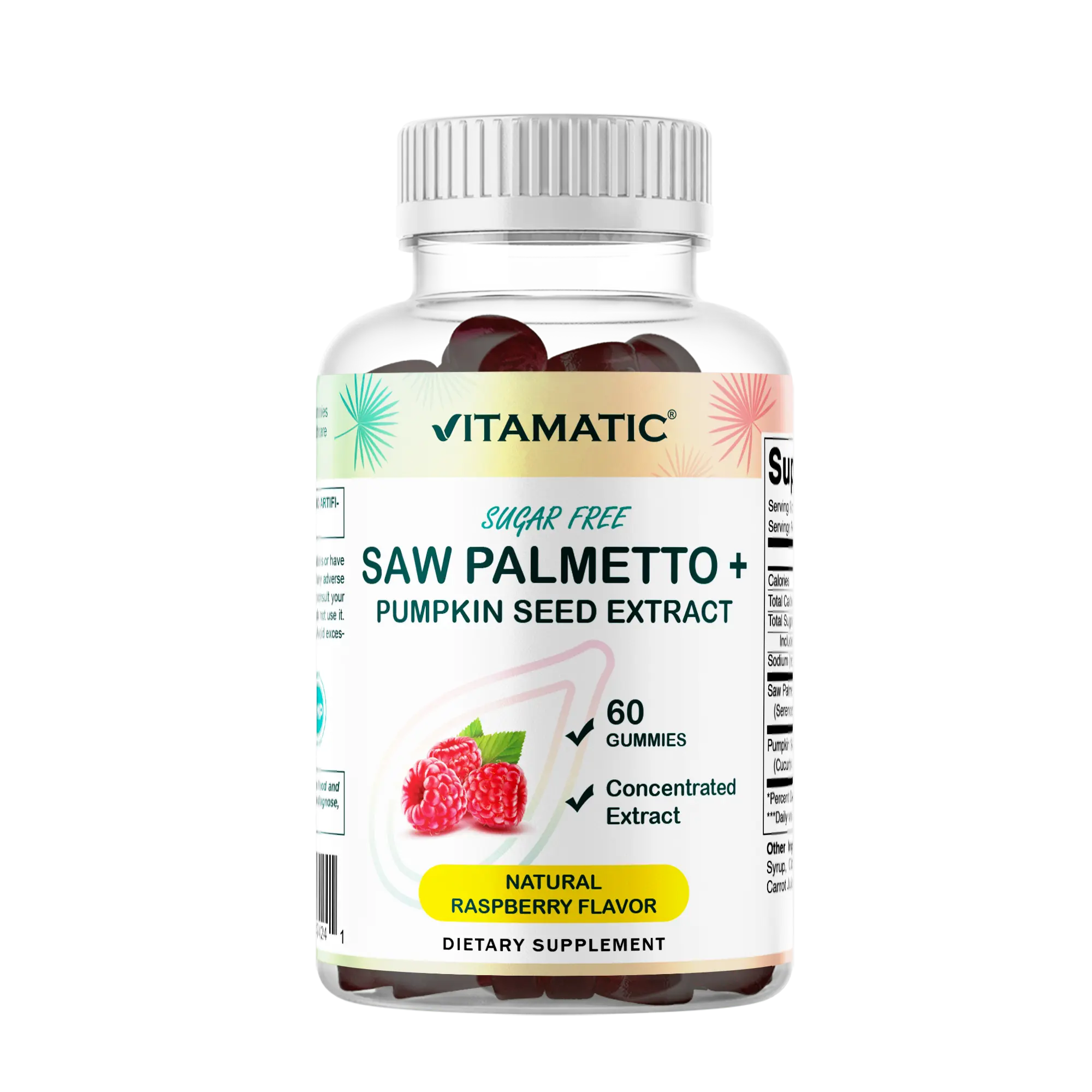 Vitamatic Saw Palmetto & Pumpkin Seed Chewable Gummies - 3000 mg Sugar-Free Botanical Extract, Natural Raspberry Flavor - Vegan, Non-GMO, Gluten-Free Heart Health Supplement - 60 Pieces Plant-Based Vitamins