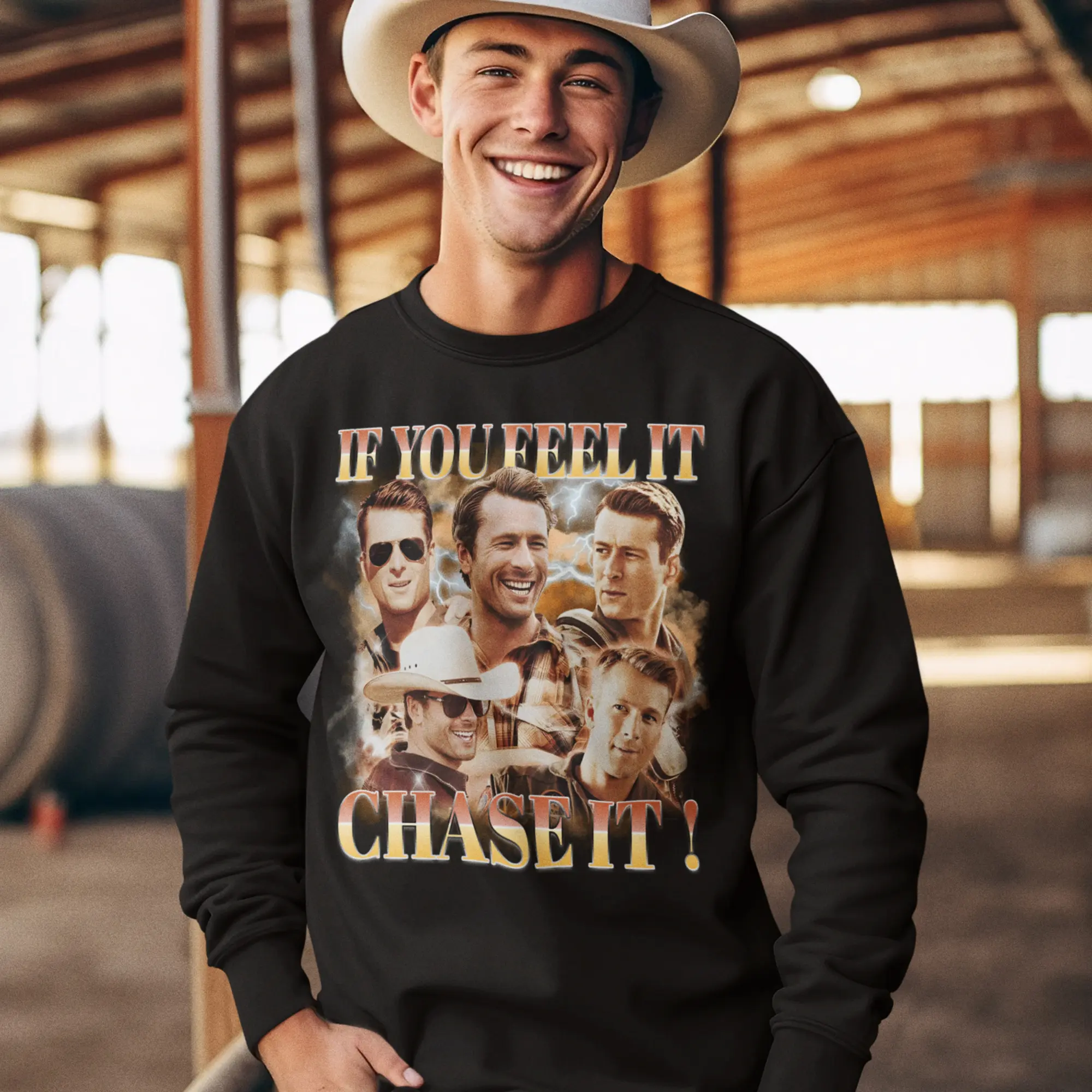 If You Feel It Chase It Glen Powell Sweatshirt, Tyler Owens Twisters Sweatshirt, Vintage Glen Powell Homage Sweatshirt, Twisters Movie