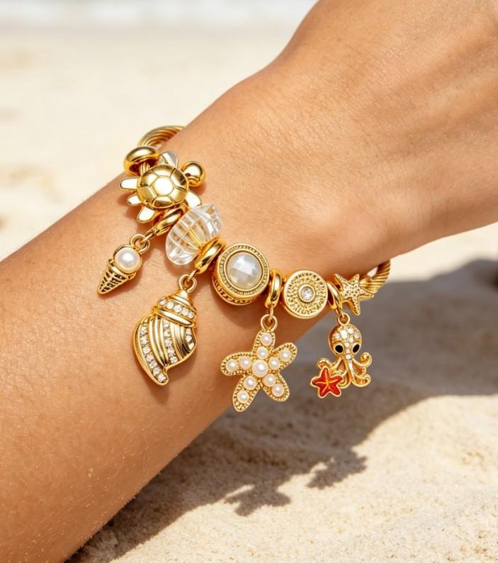 Gold Ocean Sea Themed Open Cuff Bangle, Adjustable Twisted Cable Wire Bracelet with Octopus, Turtle, Starfish, Seashell, Pearl & Crystal Charms, Summer Beach Stackable Jewelry Gift for Women Girls