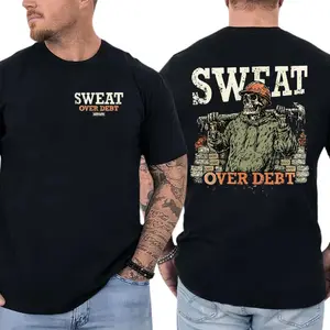 Sweat Over Debt T-Shirt, Skull Construction Worker Graphic with Cash Stack, Workman Trading Co Graphic Shirt for Blue Collar Workers & Laborers, Motivational Gift for Hardworking Men