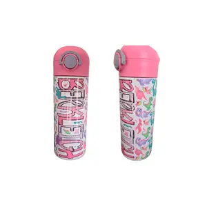 Personalized Pink Dino Water Bottle - 12 oz Flip Top Water Bottle with Straw