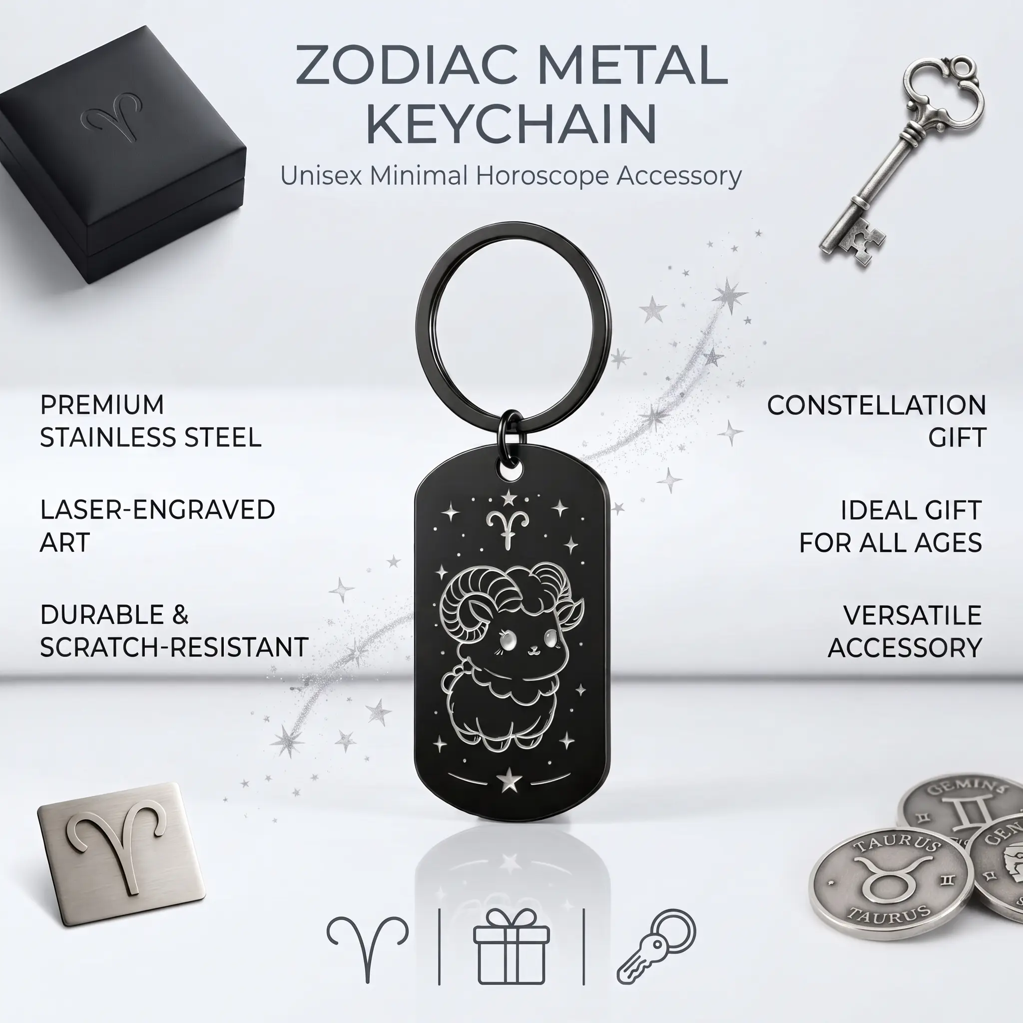 Minimalist Zodiac Keychain - 12 Constellation Metal Key Ring, Astrology Star Sign Pendant, Unisex Daily Bag Charm Accessory, Premium Birthday Holiday Gift, Keychains for Women