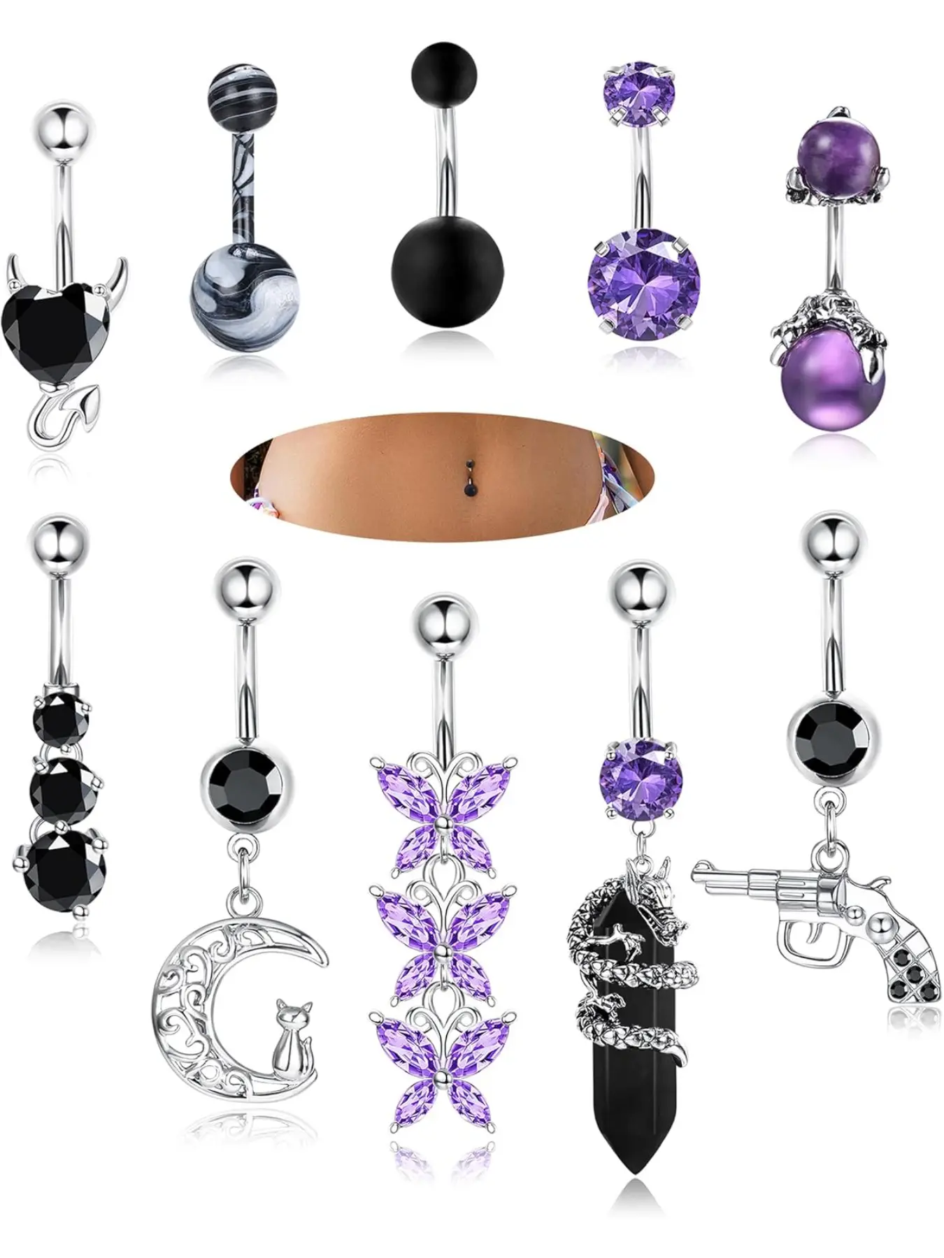 10pcs Belly Button Rings, Surgical Stainless Steel Cz Heart Dragon Butterfly Dangle Navel Rings, Women Barbell Piercing Jewelry, Vintage Body Jewelry, High Quality Jewelry, Body Jewellery