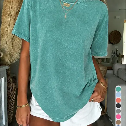 [S-5XL] Holafish Women's Vintage Oversized Acid Wash T-Shirt  Cool Style Unisex Soft Pure Cotton Fabric Basic Style Round Neck Pullover with Short Sleeves, Casual Baggy Fits, Solid, Tshirt, Tee