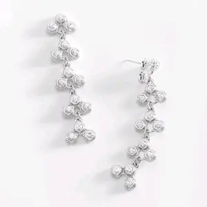 Long Platinum Plated Earrings Triad Design with Bright Crystal Stones Elegant Casual & Formal Luxury Finish Exceptional Shine