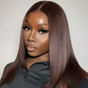 AliPearl Wig #4 Dark Chocolate Brown Straight Wig 4x7 Lace Closure Wig Pre Cut Pre Bleached Pre Plucked Lace Ready To Go Human Hair
