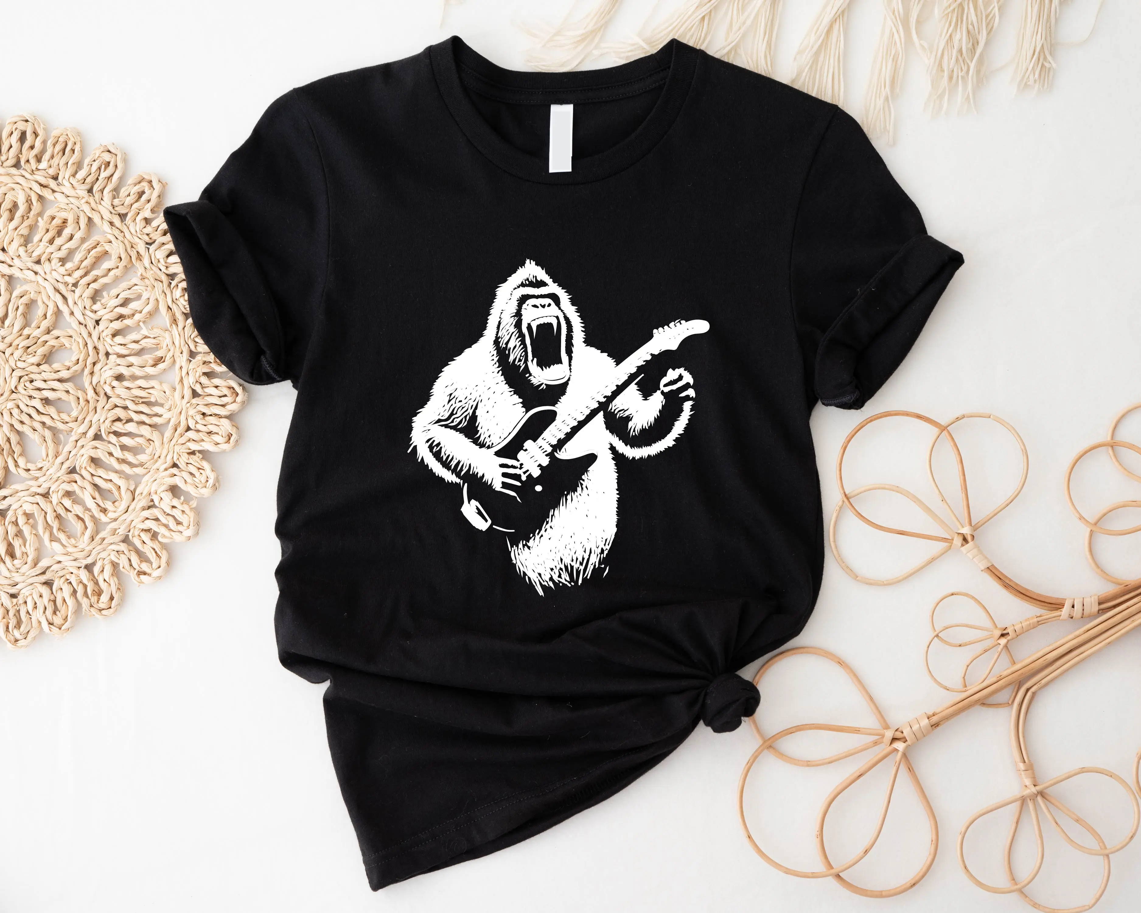 Gorilla With Guitar T-shirt, Playing Guitar Gorilla Shirt, Cool Animal Gift Tee, Rock Star Gorilla Short Sleeve, Music Lover Unisex T-shirts.