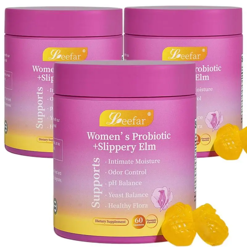 (2-bottle）LEEFAR Her Juicy Feminine Probiotics Gummies- All in One Solution with Slippery Elm and Prebiotics&Lactobacillus Probiotic Blend for Women’s pH Balance and Dryness - Hawaiian Pineapple Gummies 60 Count probiotics women