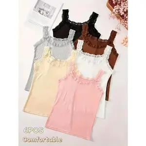 6pcs Women s Autumn Winter Thin Sleeveless Solid Color Lace Edged Vest Versatile Round Neck Casual Loose Tank Top Sports Underwear