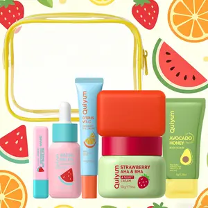 QUIYUM Refreshing Fruit Skincare Gift Set | 7 PCS Daily Routine for Soft & Glowing Skin | Vitamin C, Hyaluronic Acid & Coconut Oil Essentials | Premium Beauty Bundle with Cute Waterproof Pouch