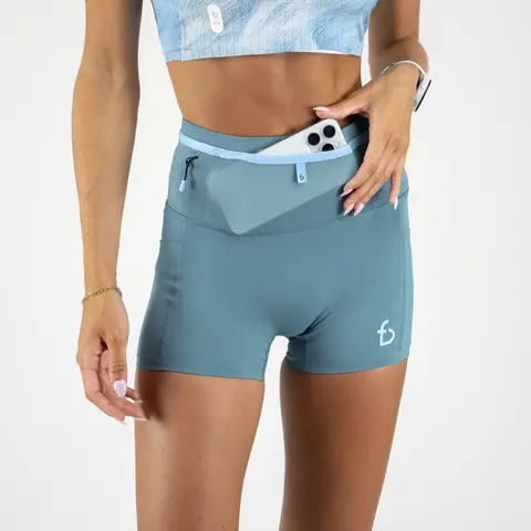 FLIPBELT Women's Ouray Compression Short Solid Aqua Coating High-Waist Fit with 360° Storage & Dual Side Pockets for Marathon Performance