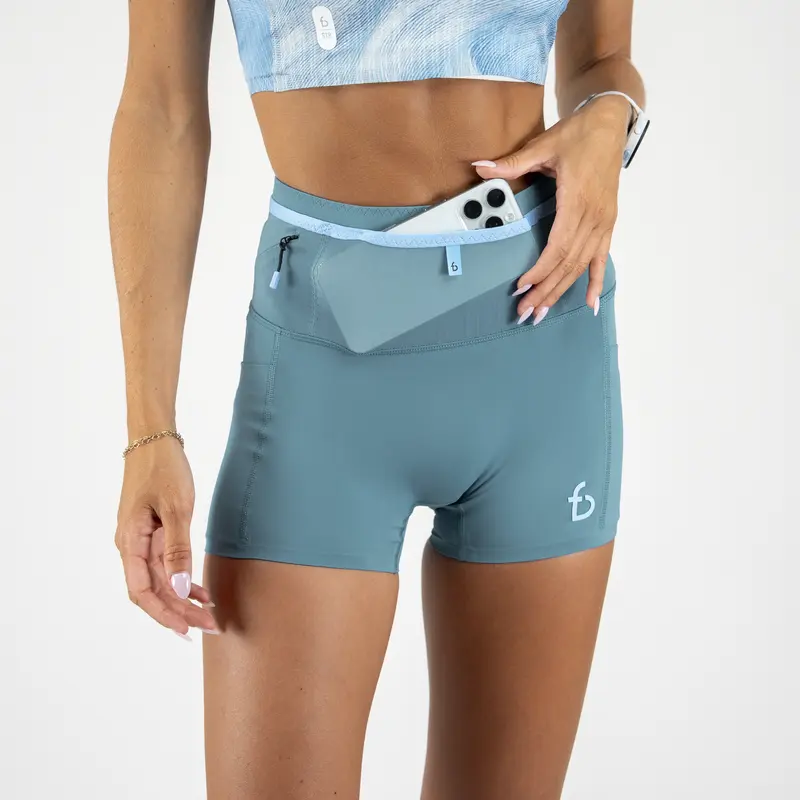 FLIPBELT Women's Ouray Compression Short Solid Aqua Coating High-Waist Fit with 360° Storage & Dual Side Pockets for Marathon Performance