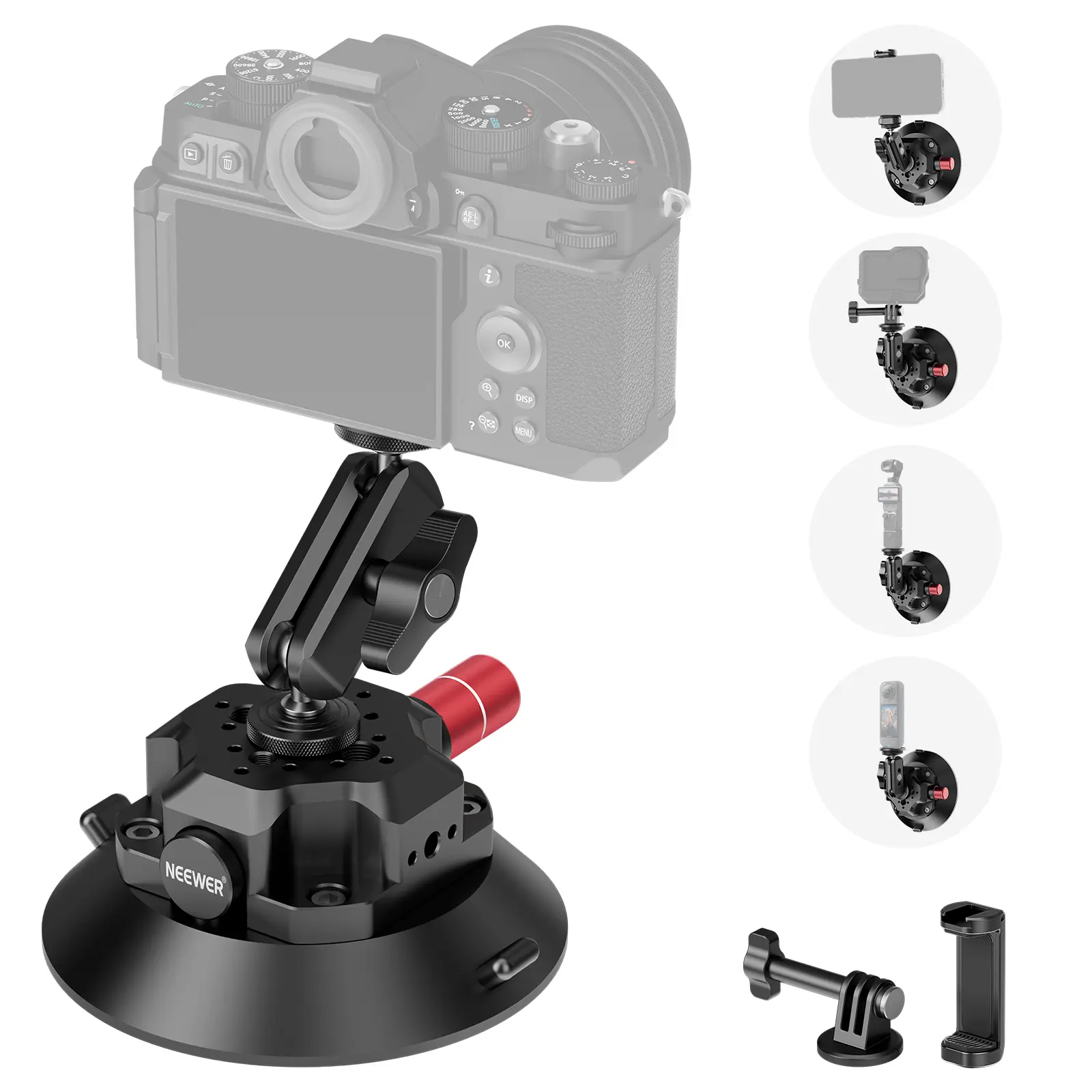 NEEWER CA104/CA105 Suction Cup Mount with Arm, 1/4" ARRI Holes, Quick Release Car Mount with Phone Holder & Action Cam Adapter Compatible with iPhone DJI Insta360,