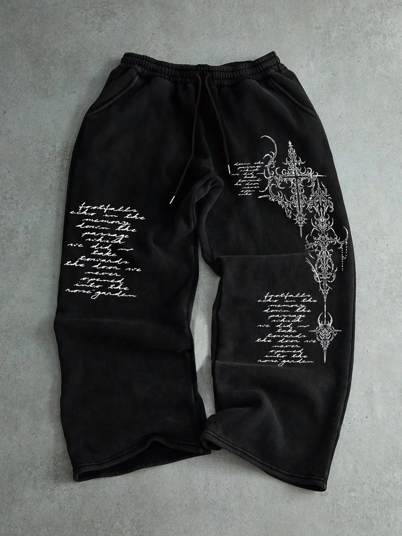 Men's Casual Sporty Long Pants, Bible & Thorn Cross Pattern Print, Drawstring Wide Leg, Loose-Fitting, All Seasons Wear, Letter Patched Sweatpants, Drawstring Waist Sweatpants