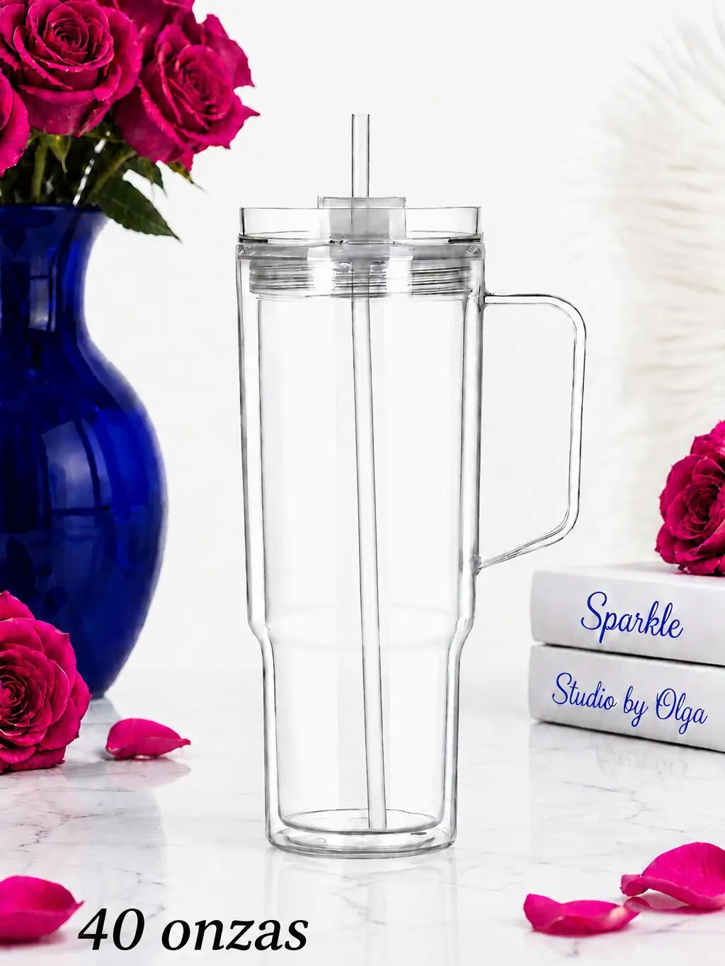 40 Onz Transparent Tumbler with Straw and Handle Snowglobe Personalized - Create Your Magic
