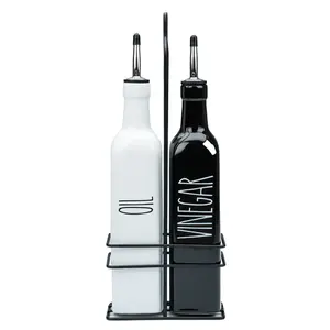 Heartland Home | Ceramic Oil and Vinegar Cruet Set | 12oz Dispenser Bottles with Stainless Steel Pourers & Metal Rack | White & Black Design