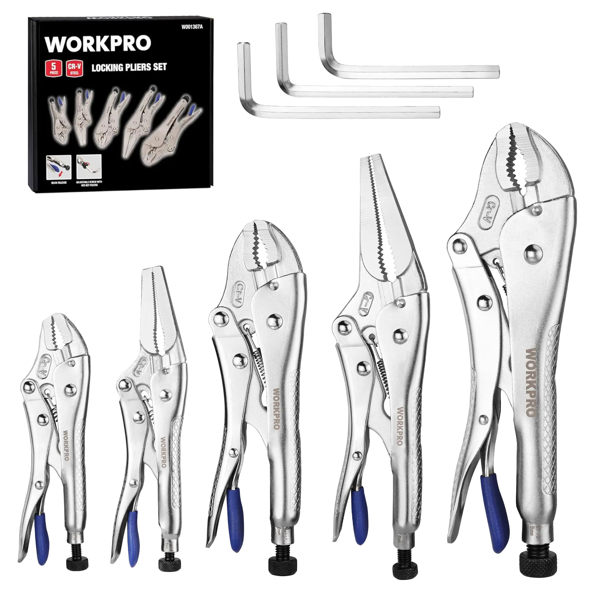 #Summersales WORKPRO Locking Pliers with Hex Key, Long Nose Curved Jaws Vice Grips | Fast Release, 6-1/2" and 9" long nose, 5" 7" and 10" curved jaw pliers, Allen Wrenches, Adjustable Tightening Screw