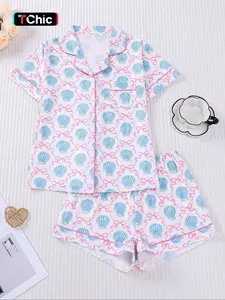 Women's Sleepwear Set, Cartoon Pattern Fitted Short Sleeve Top & Elastic Shorts, Valentine's Day Gift, Casual Home Wear