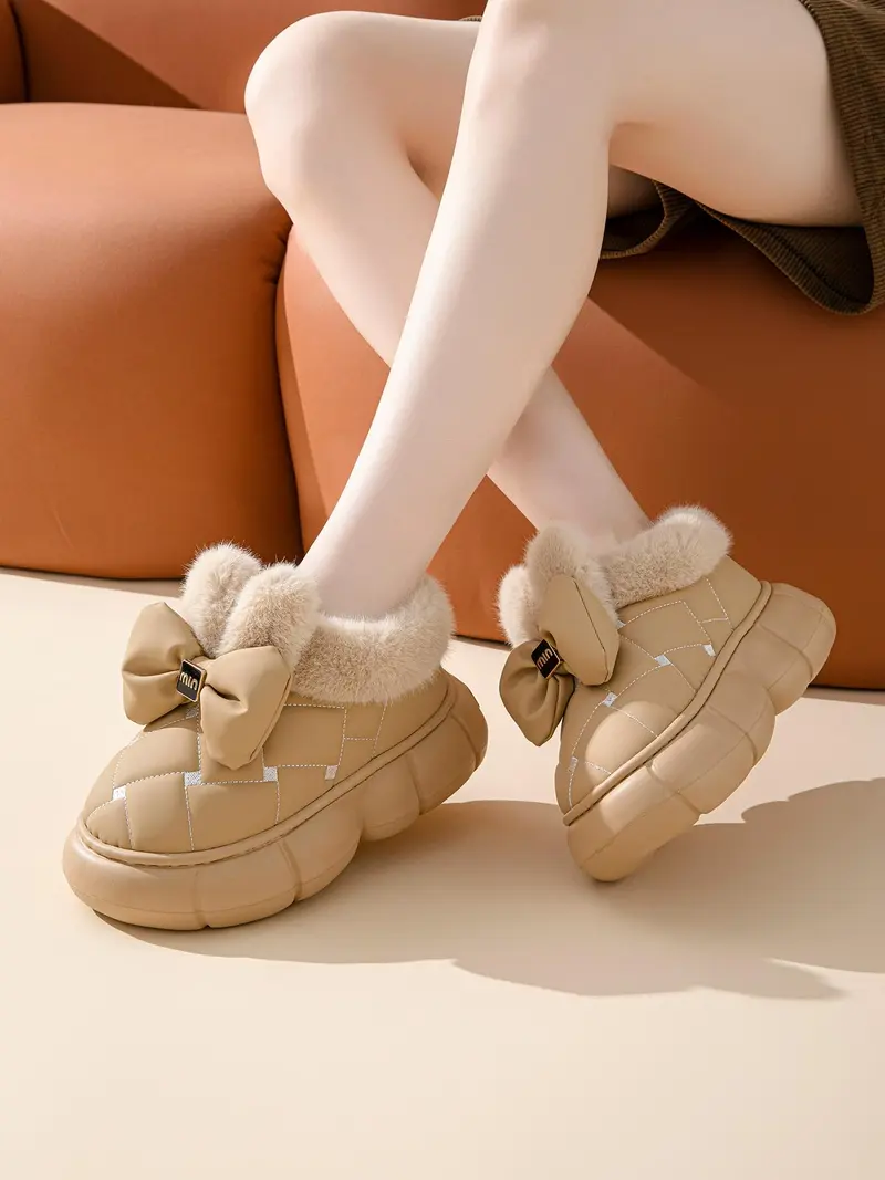 Women's Fashionable Bowknot Design Plush Slippers, Casual Comfortable Home Slippers, Warm Slippers for Indoor & Outdoor Use for Fall & Winter, Footwear, House Slippers