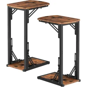 Set of 2 Folding C Shaped End Table, Adjustable Small Sofa Side Laptop Desk, Foldable Couch TV Tray Table for Small Spaces, Living Room, Bedroom, Rustic Brown ETHR4101S2