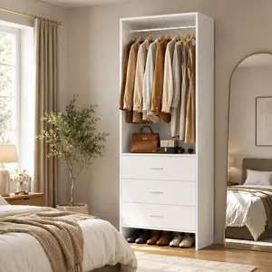 Cyclysio 24" Wooden Wardrobe Closet - Freestanding Portable All-in-1 Expandable Room Storage with 3 Wood Drawers, Hanging Rod, Compartmentalized Storage for Small Spaces, Modular Closet System