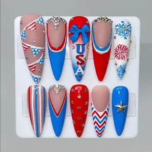 4th of July Firework Press On Nails Red White and Blue Glitter Patriotic Star Nail Art Gif For Her On USA Independent Day