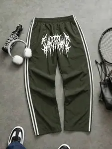 Men's Y2K Style Drawstring Sport Pants, Gothic Print, Casual Straight Leg, Velvet Fabric, Fashionable Outdoor Sports Wear