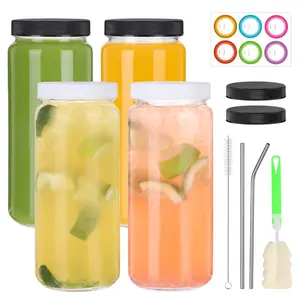 4 Pack 16 OZ Glass Juice Bottles with Lids and Straws, Juicing Glass Bottles for Smoothie, Water, Milk and Kombucha, Clear Reusable Water Bottles with Caps