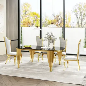 Dining Room Table Oval Shape L 70.07" x W 34.64" x H 29.53" Black Glass Top Modern Design Dinner Table With Gold Stainless Steel Legs Easy To Assembly And Clean(Only table)