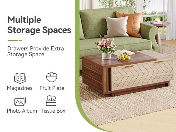 Tribesigns Extendable Coffee Table, 42"-65" Length Adjustable Reversible Wood Coffee Table with 2 Storage Drawers for Living Room, Large Long Rectangular Dual-Tone Center Table, Walnut & Oak