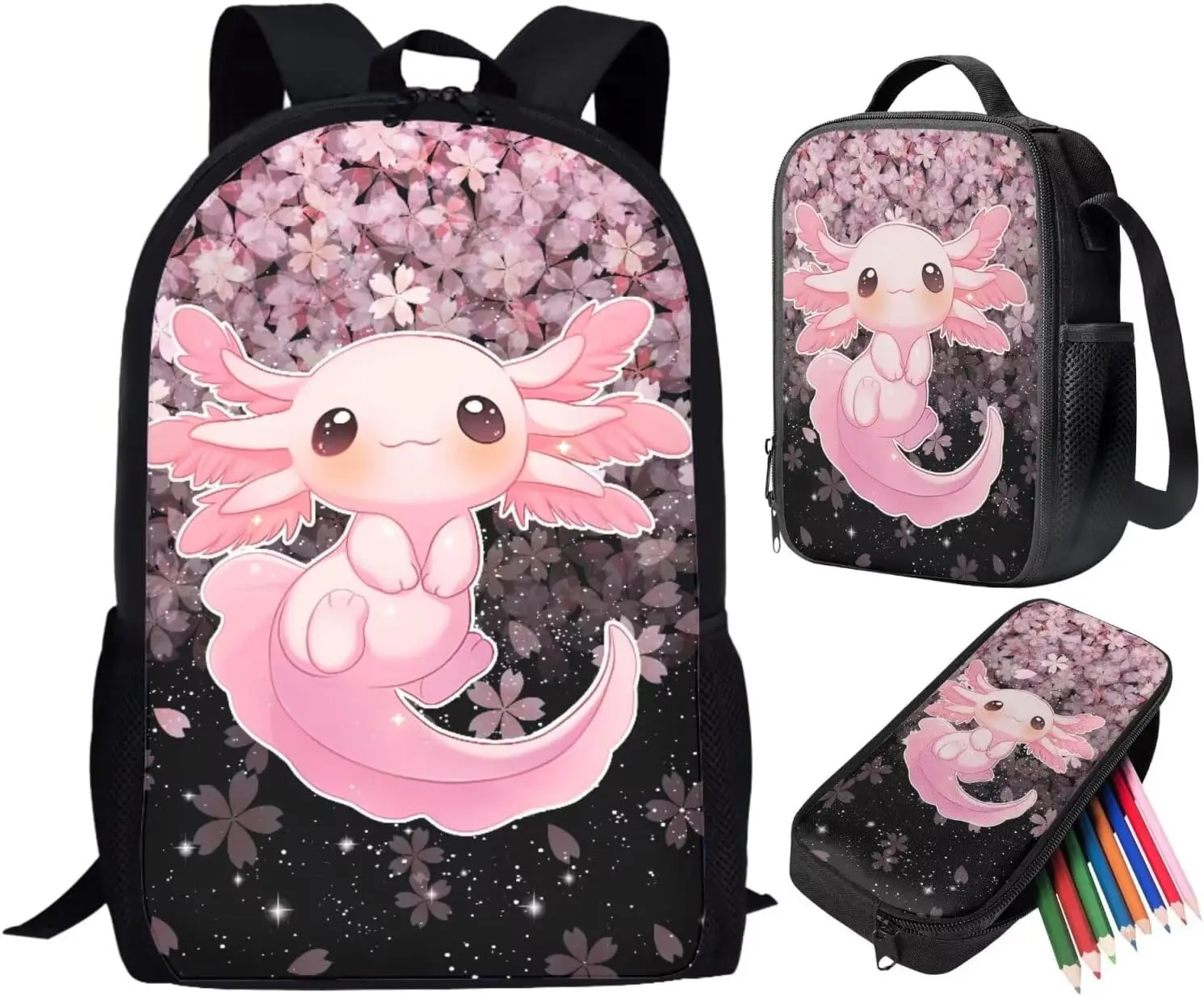 Cherry Blossom Axolotl Backpacks with Insulated Lunch Bag Pen Case Daypack for Outdoor Sports Travel Pink Flower