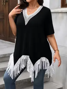 Boho Style Bohemian Plus Size V-Neck Lace Patchwork Fringe Short Sleeve Top, Womenswear Casual Versatile Slimming T-Shirt for Women Lady Elegance