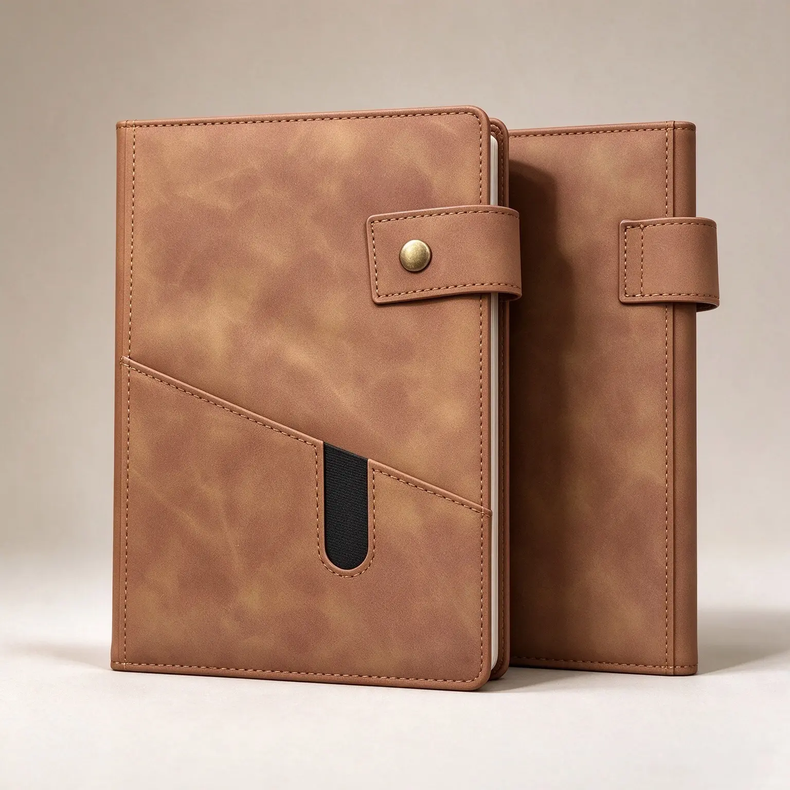2-Pack A5 PU Leather Notebook Journal - Premium Lined Writing Notebook with Front Pocket, Pen Loop, 200 Pages Thick Eye-Caring Beige Paper, Button Closure, Ribbon Bookmark for Business, Travel board