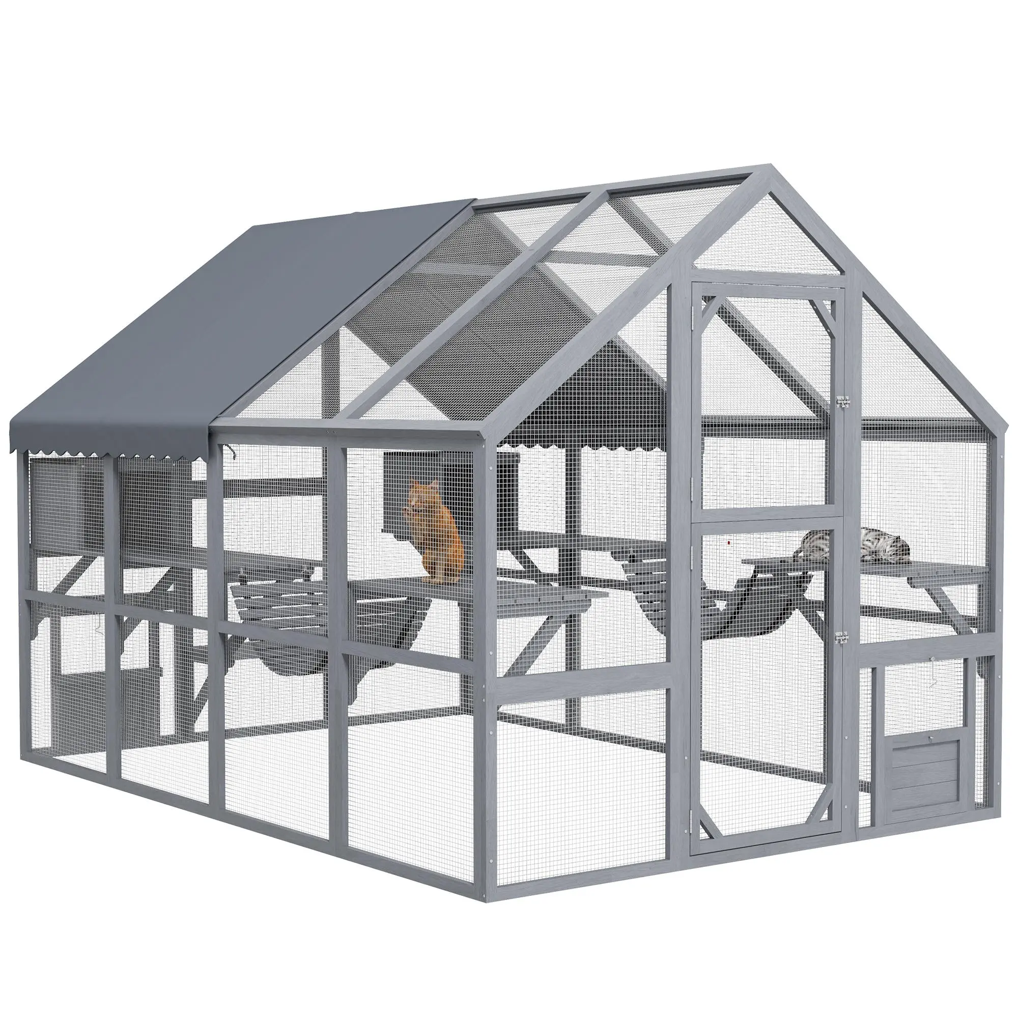 PawHut Large Catio Outdoor Cat Enclosure for Multiple Kittens, Wooden Cat House with Waterproof Cover, Walk in Kitty Cage Kennel with 2 Condos, 6 Platforms, Bridge, Doors, 110" x 73" x 74", Yellow